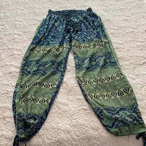 Boho Drawstring Pants - Blue Green Print